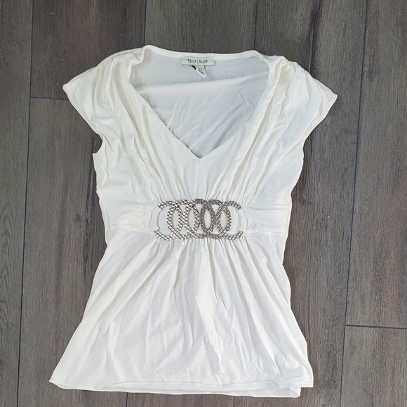 White House Black Market Tops - White Ruched Blouse With Silver Hardware Details